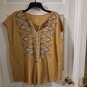 Embroidered Split V-Neck Tunic in Mustard